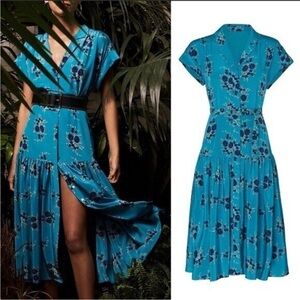 VERONICA BEARD Meagan Floral Belted Silk Midi Dress Blue Size 8